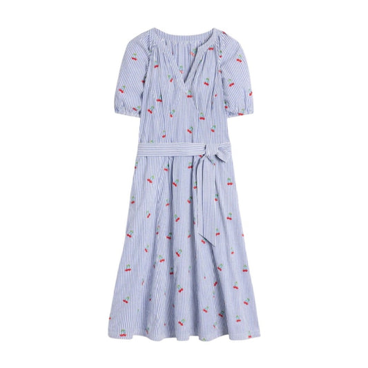Boden NWT Bria Blue Striped Seersucker Cherry Embroidered A-Line Midi Dress