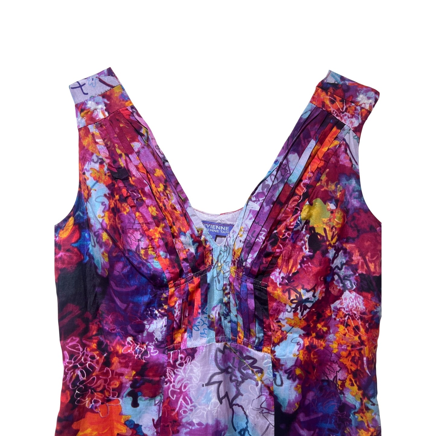 Vivienne Tam Y2K Silk Blend Pleated Watercolor Floral Sleeveless Dress Size 10