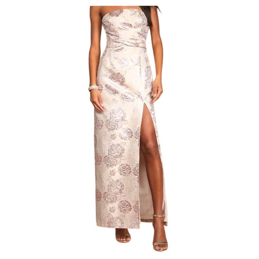Lulus Redefine Regal Pale Pink Floral Jacquard Strapless Maxi Dress With Side Slit