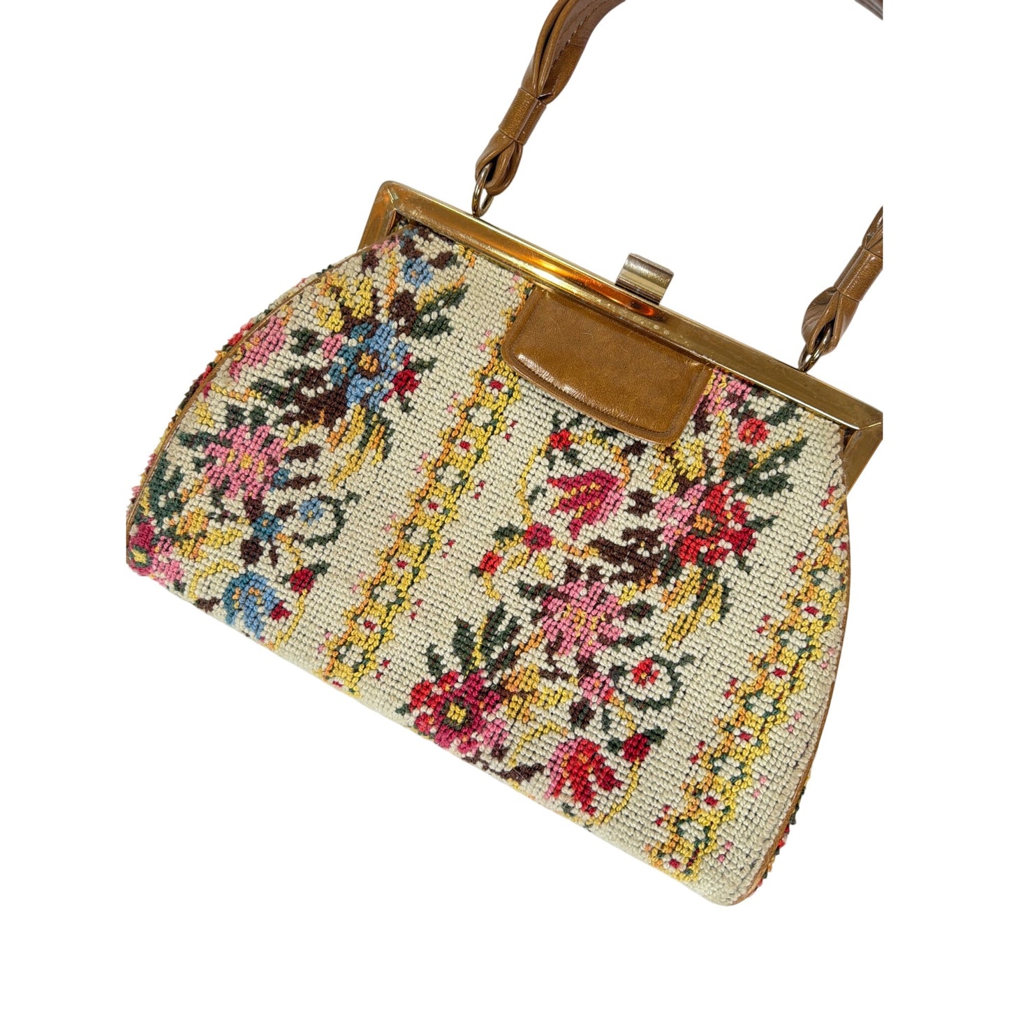 Vintage 1950s Floral Needlepoint Tapestry Handbag With Brown Leather Handle & Gold-Tone Metal Frame