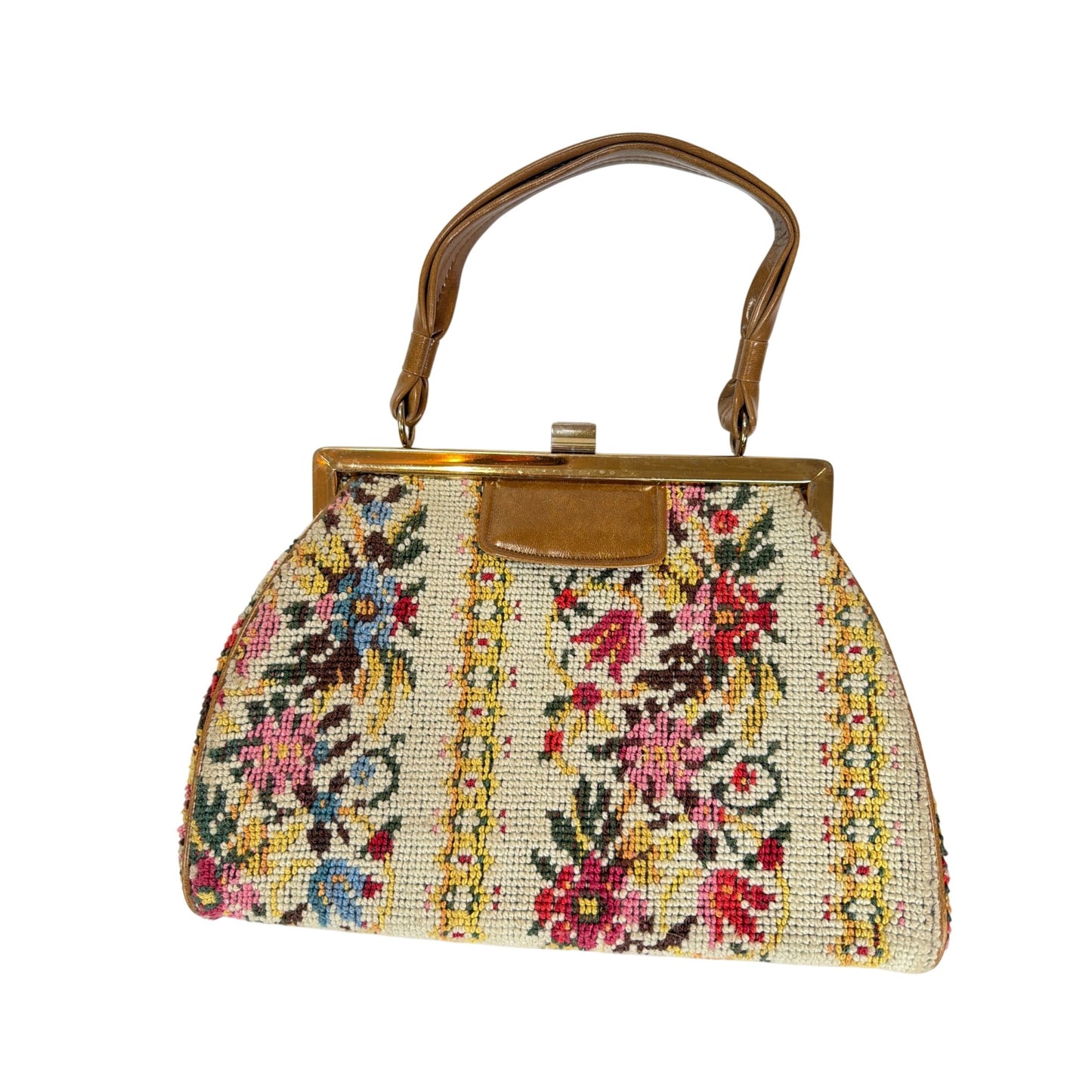 Vintage 1950s Floral Needlepoint Tapestry Handbag With Brown Leather Handle & Gold-Tone Metal Frame
