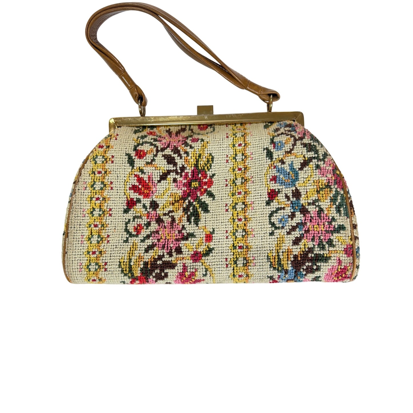 Vintage 1950s Floral Needlepoint Tapestry Handbag With Brown Leather Handle & Gold-Tone Metal Frame