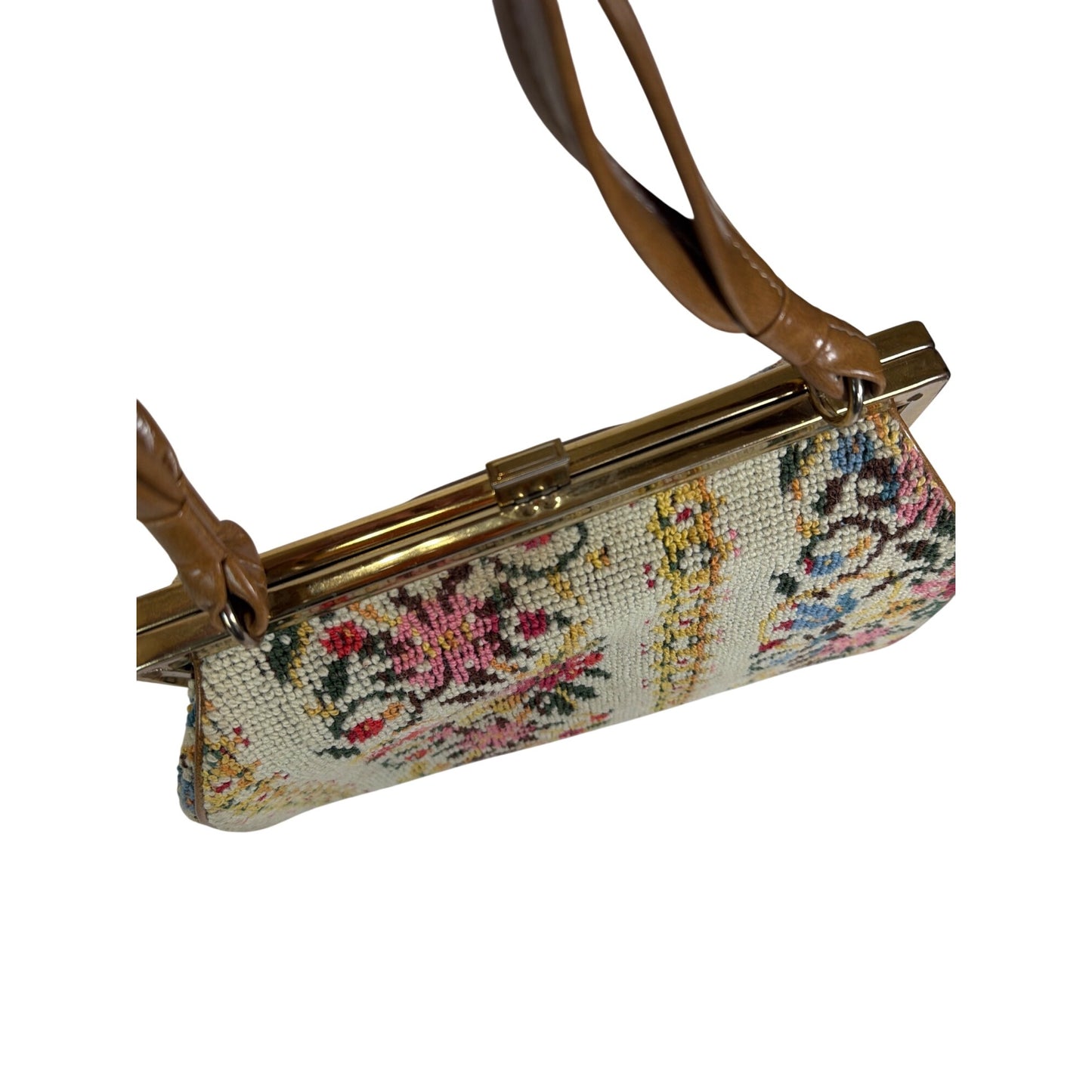Vintage 1950s Floral Needlepoint Tapestry Handbag With Brown Leather Handle & Gold-Tone Metal Frame