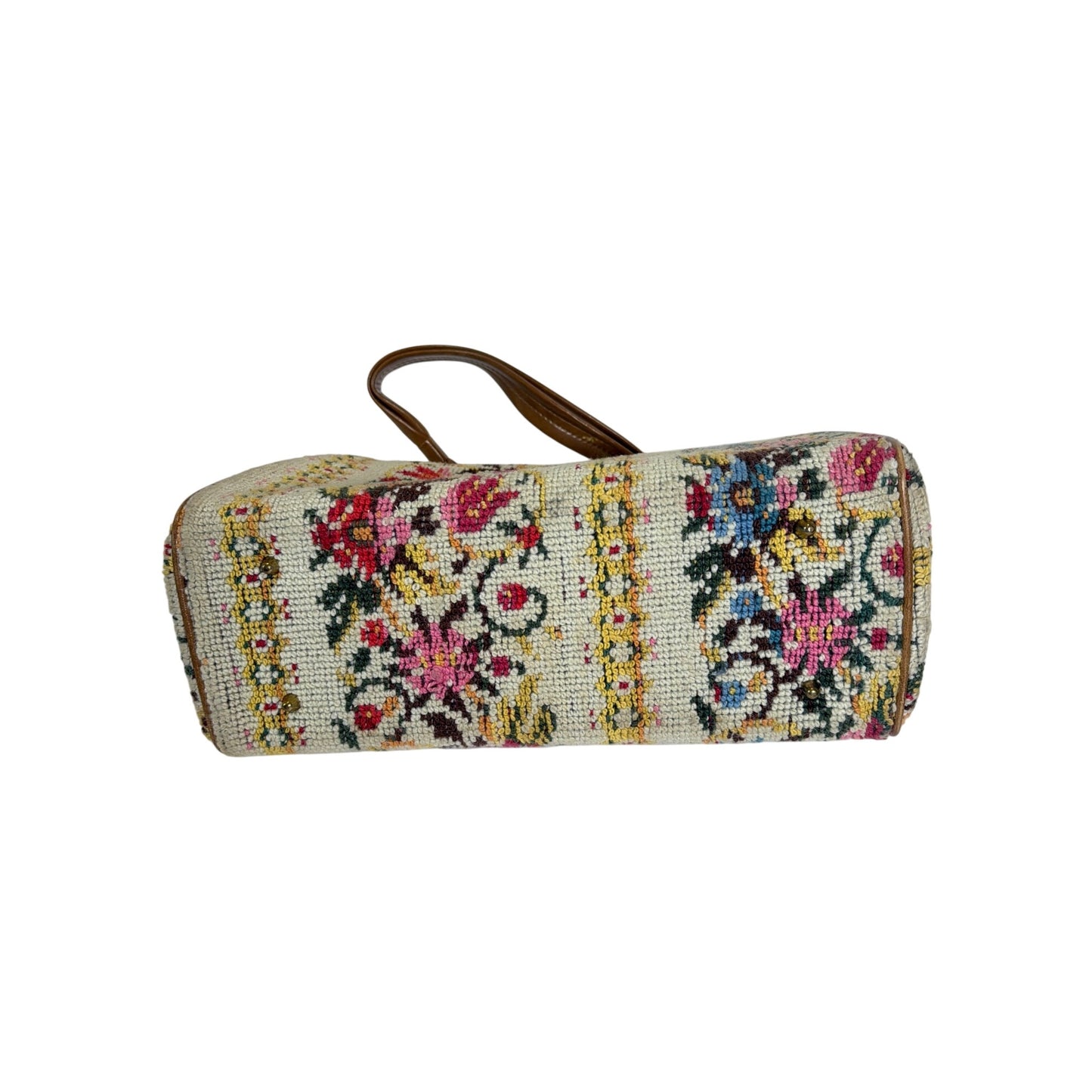 Vintage 1950s Floral Needlepoint Tapestry Handbag With Brown Leather Handle & Gold-Tone Metal Frame