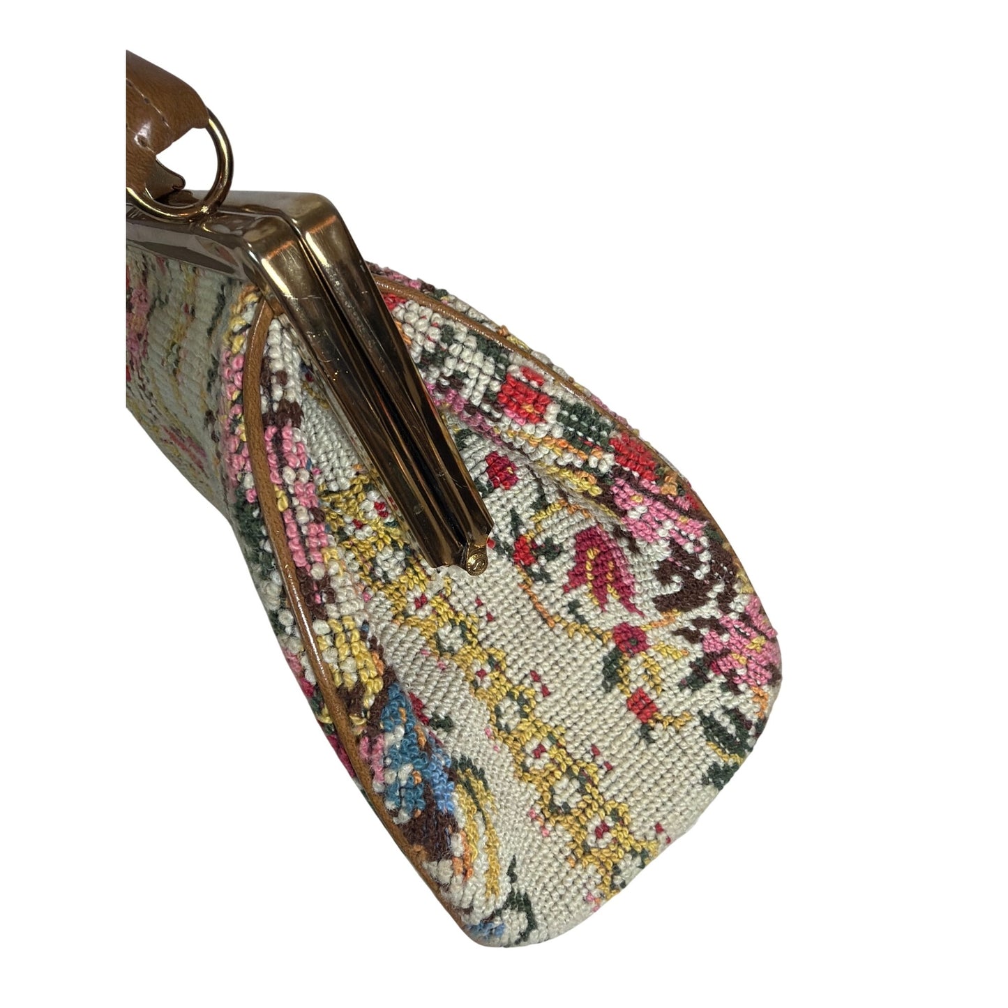 Vintage 1950s Floral Needlepoint Tapestry Handbag With Brown Leather Handle & Gold-Tone Metal Frame