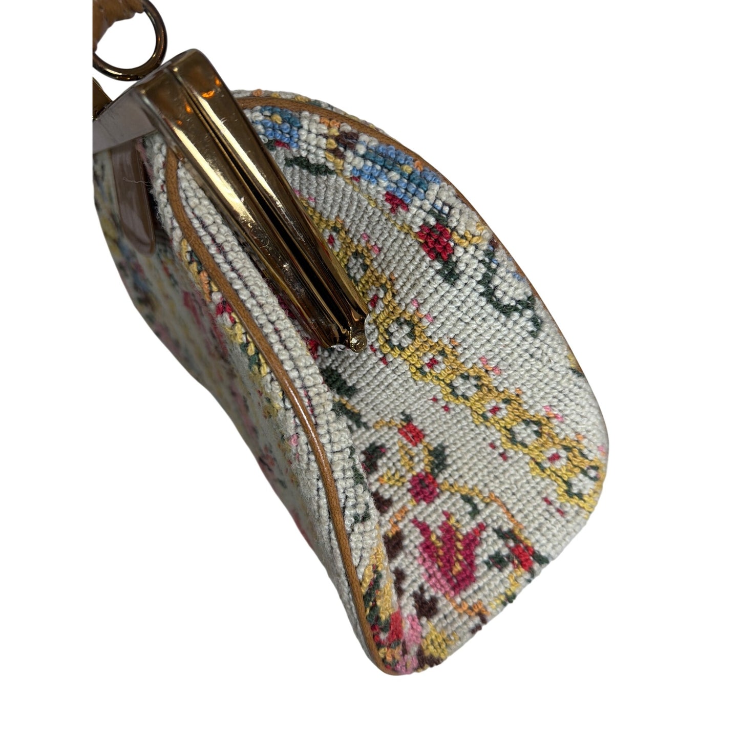 Vintage 1950s Floral Needlepoint Tapestry Handbag With Brown Leather Handle & Gold-Tone Metal Frame