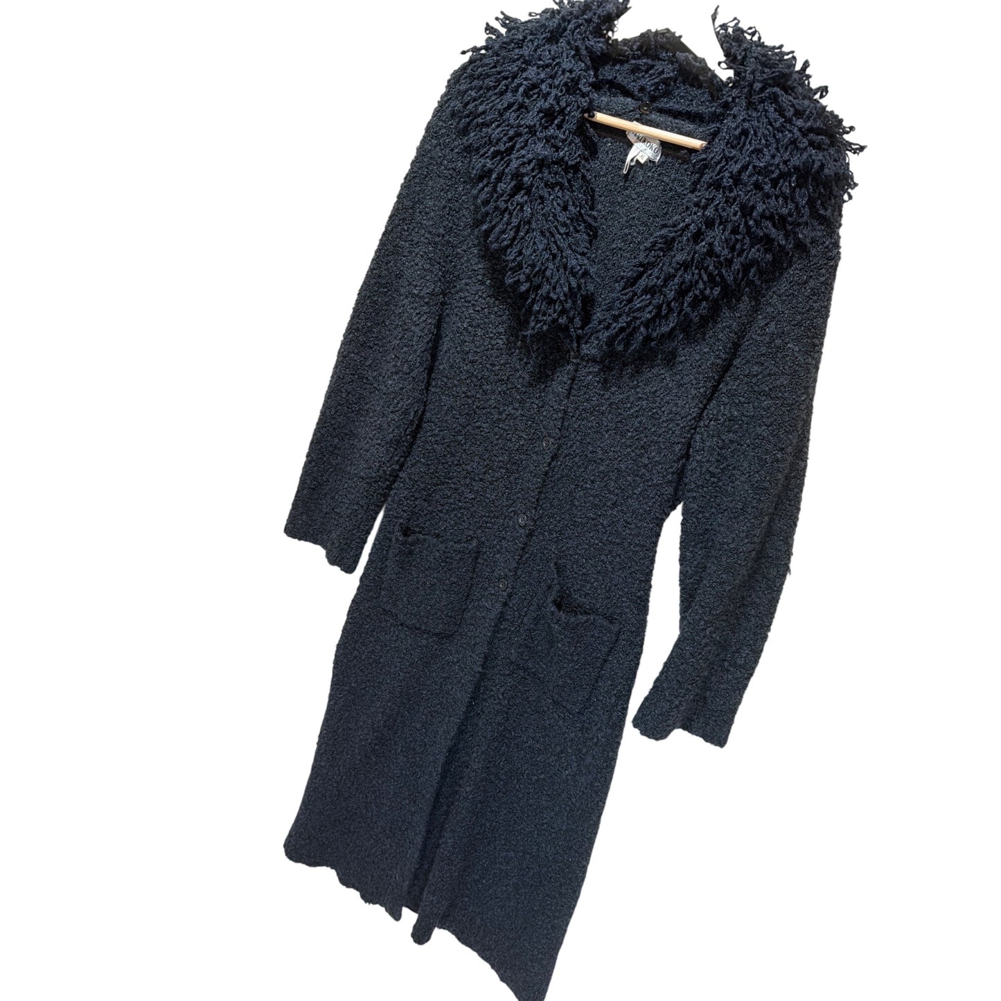 Halukoko Penny Lane Y2K Black Shaggy Collar Sweater Coat With Button Front & Pockets XL