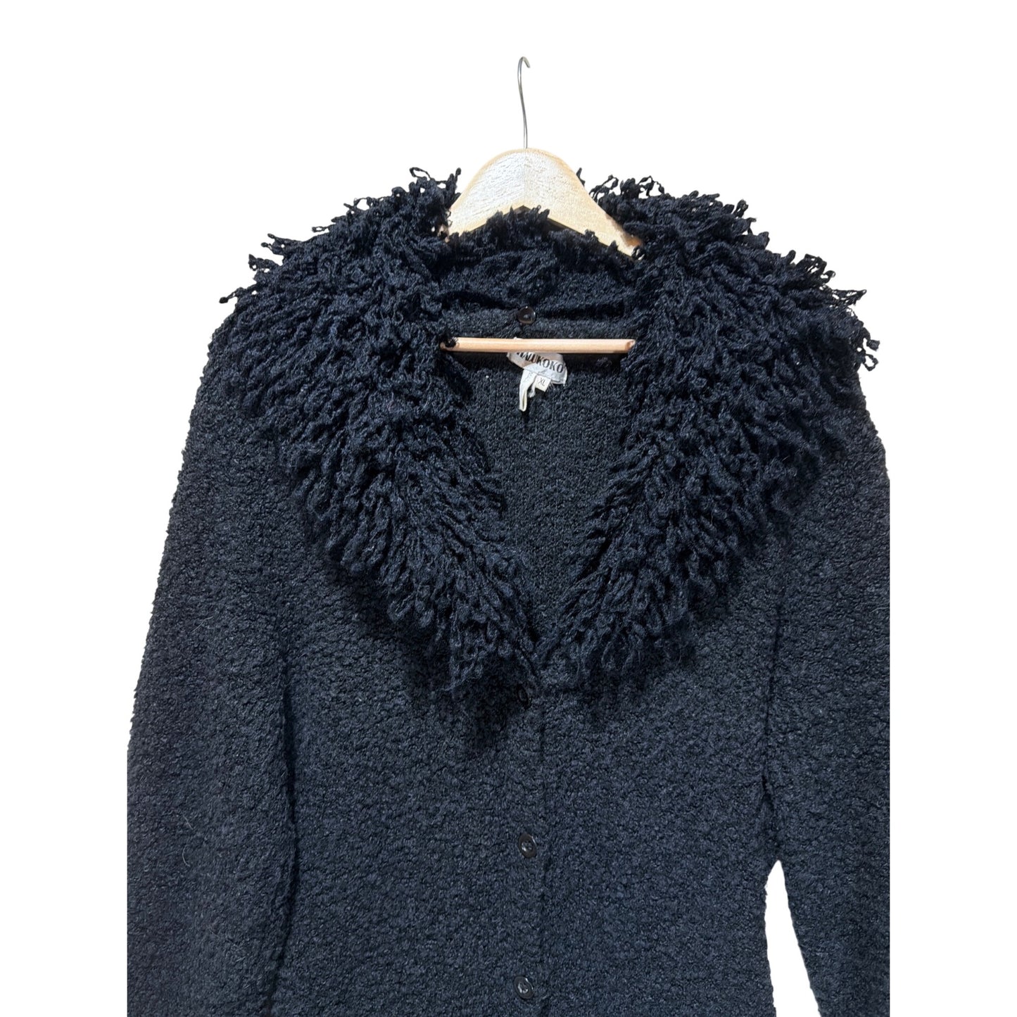 Halukoko Penny Lane Y2K Black Shaggy Collar Sweater Coat With Button Front & Pockets XL