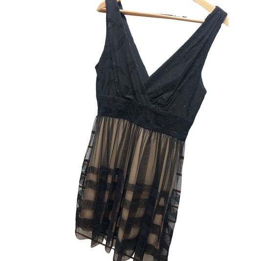 Sandra Darren Nude and Black Overlay A-Line Tulle Cocktail Dress