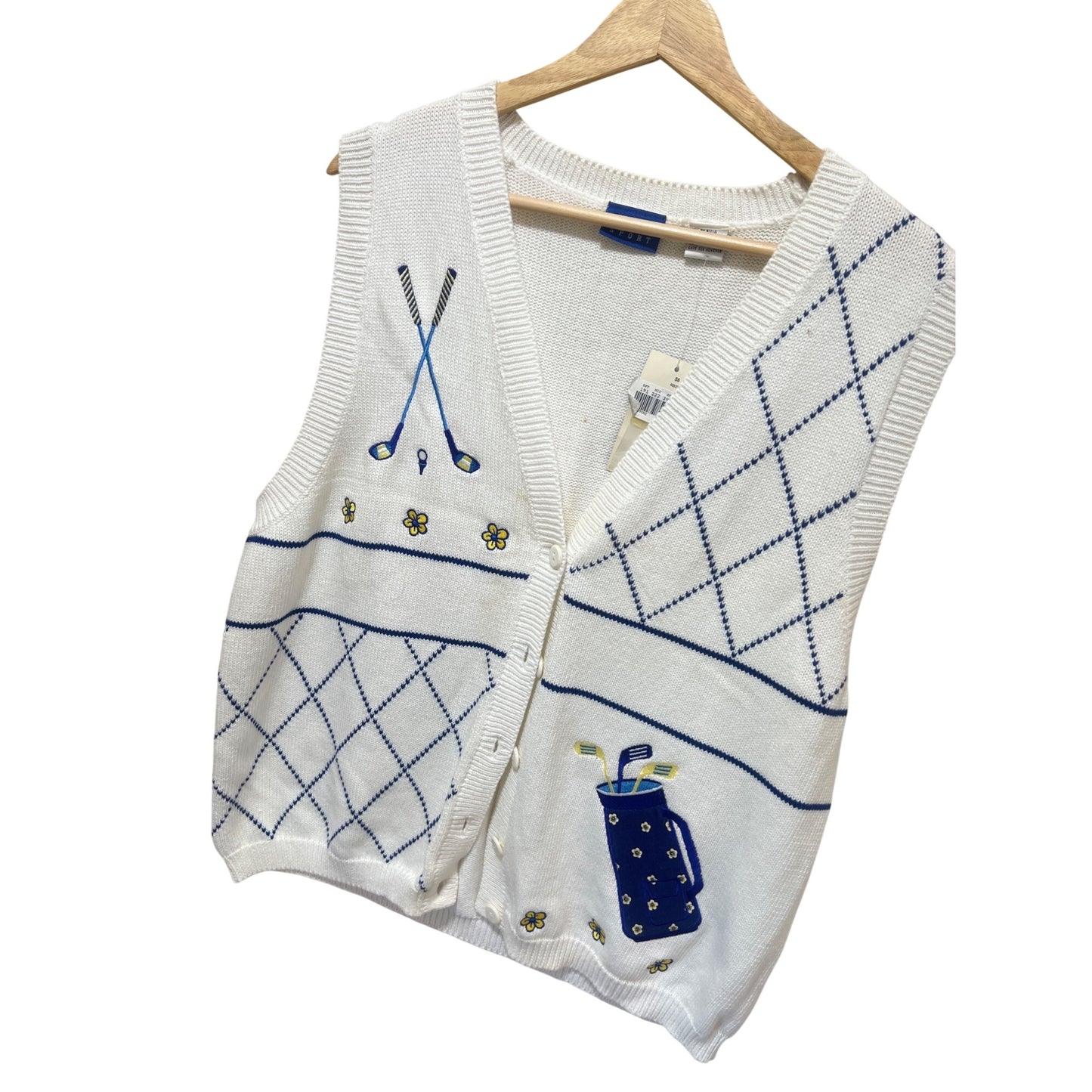 Reset Sport NWT Vintage 90's Dead Stock White Golf-Themed Knit Vest XL With Floral & Clubs Embroidery Sweater Vest