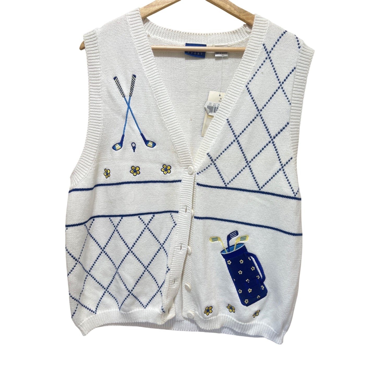 Reset Sport NWT Vintage 90's Dead Stock White Golf-Themed Knit Vest XL With Floral & Clubs Embroidery Sweater Vest