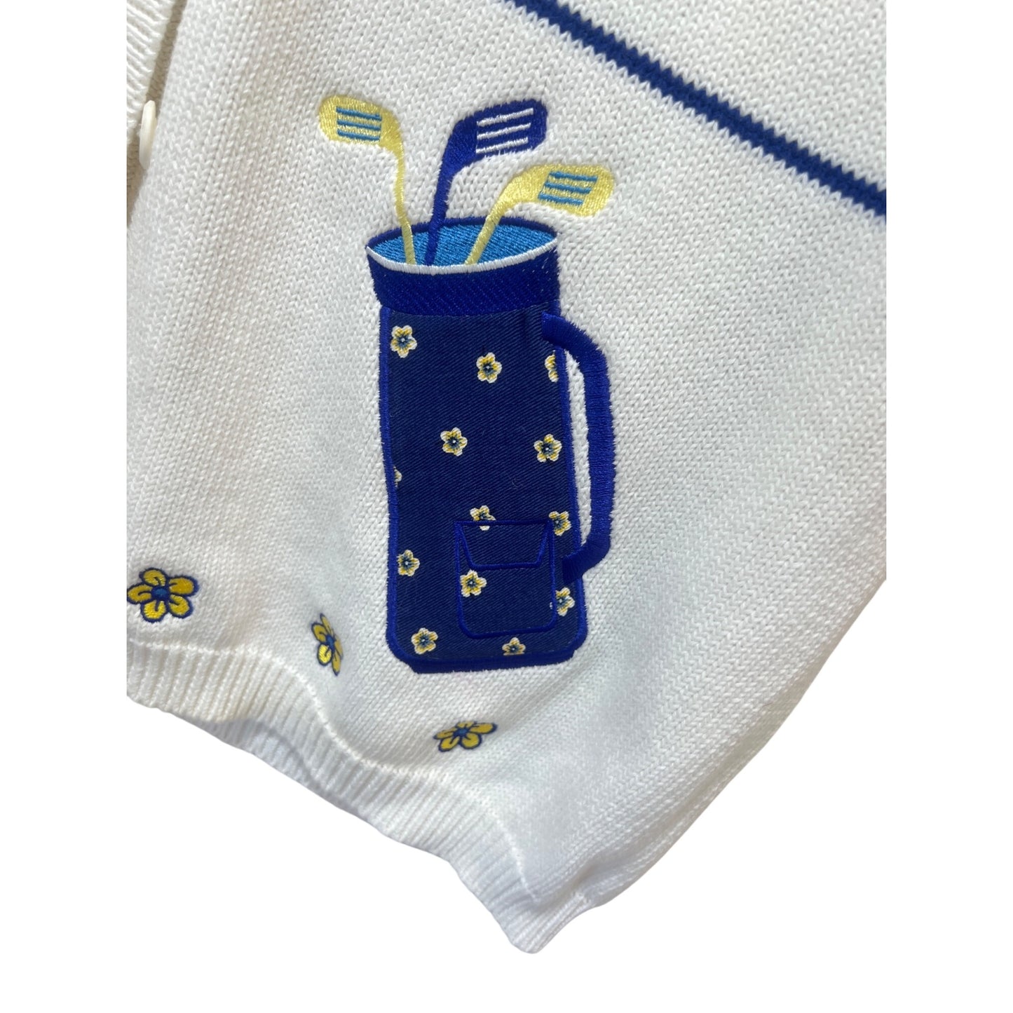 Reset Sport NWT Vintage 90's Dead Stock White Golf-Themed Knit Vest XL With Floral & Clubs Embroidery Sweater Vest