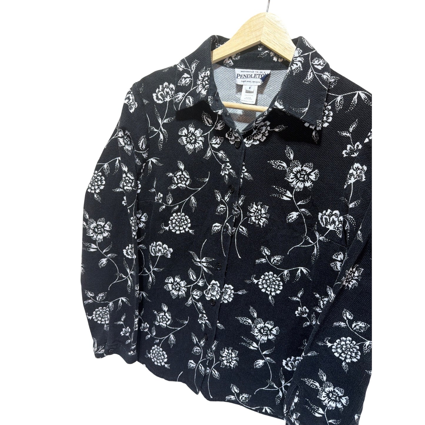 Pendleton Womens Black & White Floral Button-Up Blouse Size 8 100% Cotton