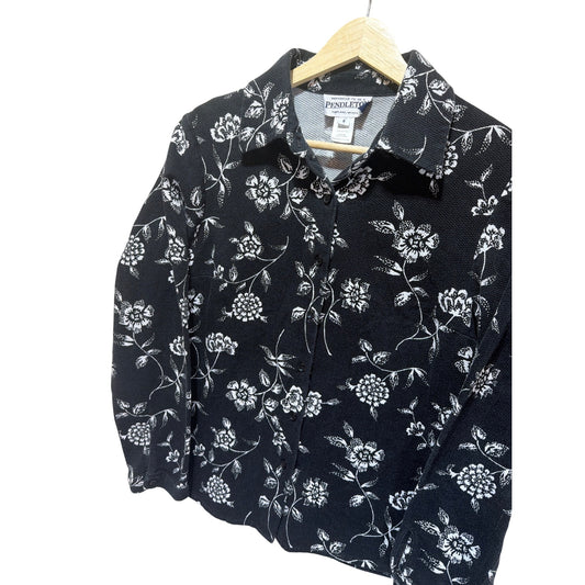 Pendleton Womens Black & White Floral Button-Up Blouse Size 8 100% Cotton