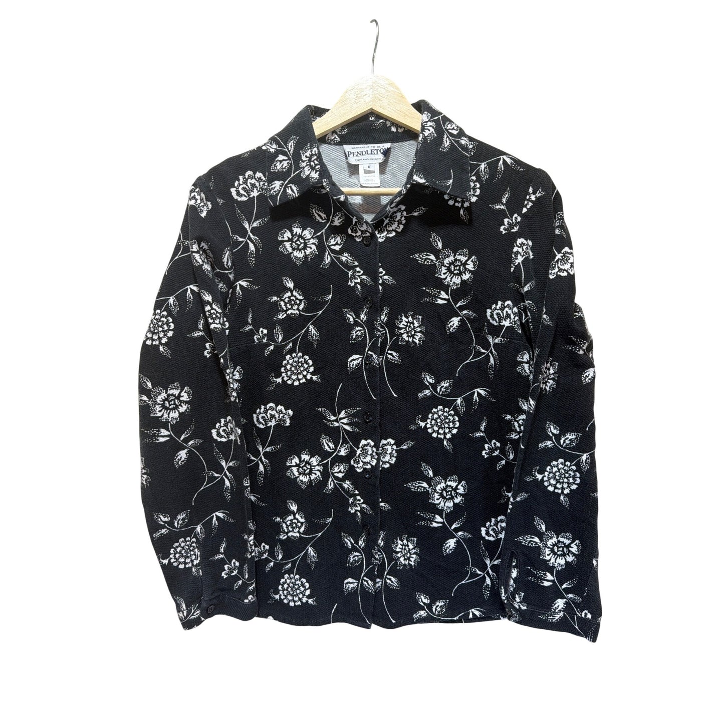 Pendleton Womens Black & White Floral Button-Up Blouse Size 8 100% Cotton