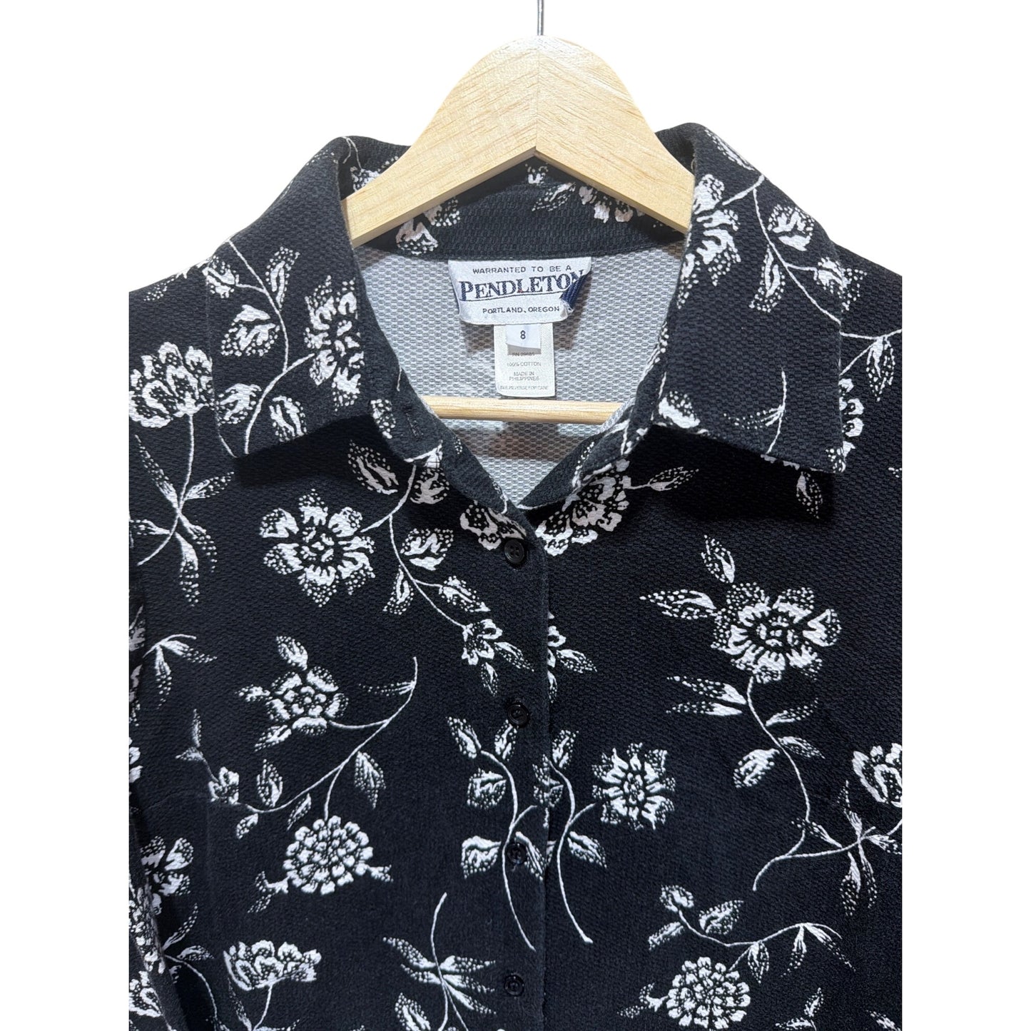 Pendleton Womens Black & White Floral Button-Up Blouse Size 8 100% Cotton