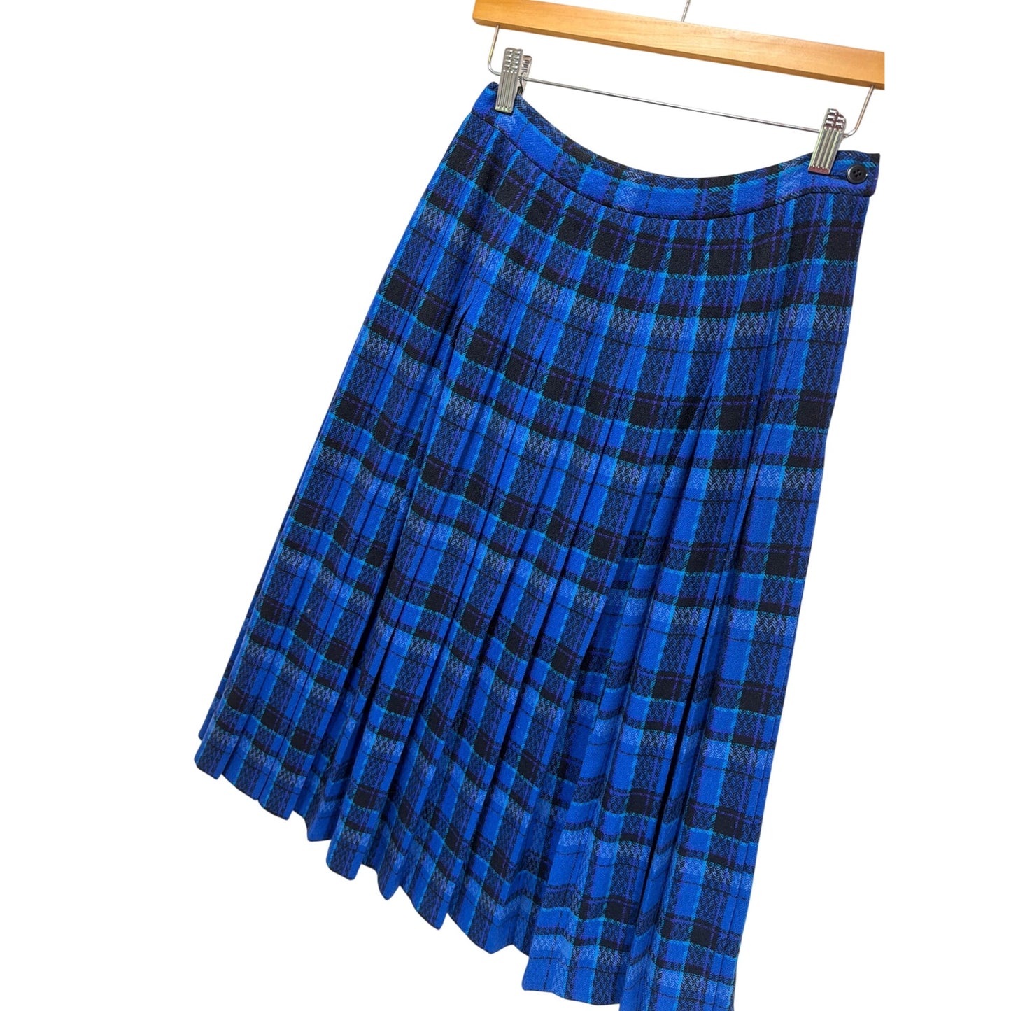 Pendleton Vintage 70s 80s Royal Blue Plaid Pleated Wool Midi Skirt Size 8