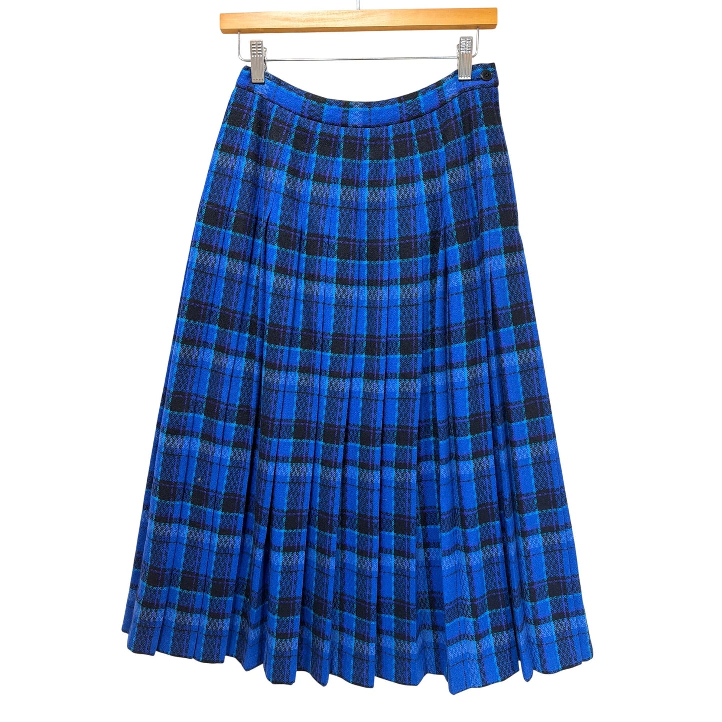Pendleton Vintage 70s 80s Royal Blue Plaid Pleated Wool Midi Skirt Size 8