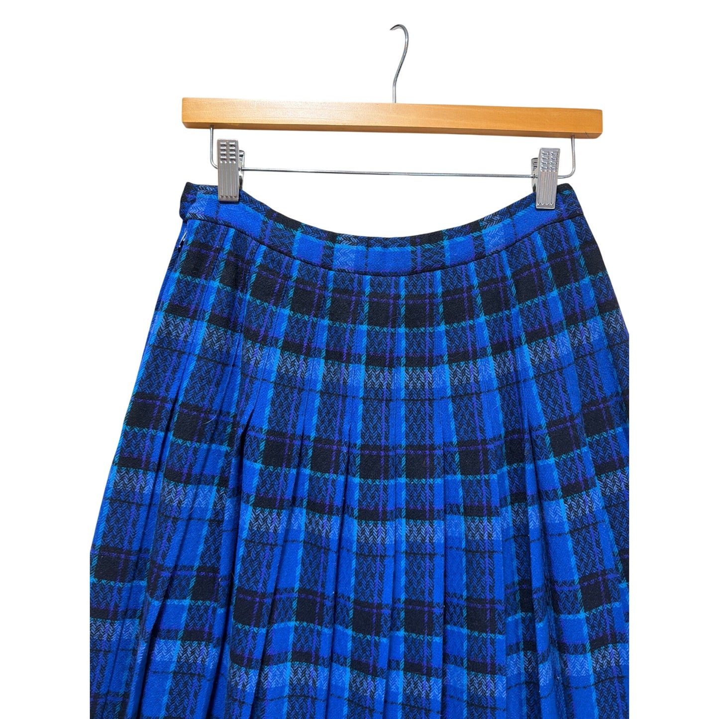 Pendleton Vintage 70s 80s Royal Blue Plaid Pleated Wool Midi Skirt Size 8