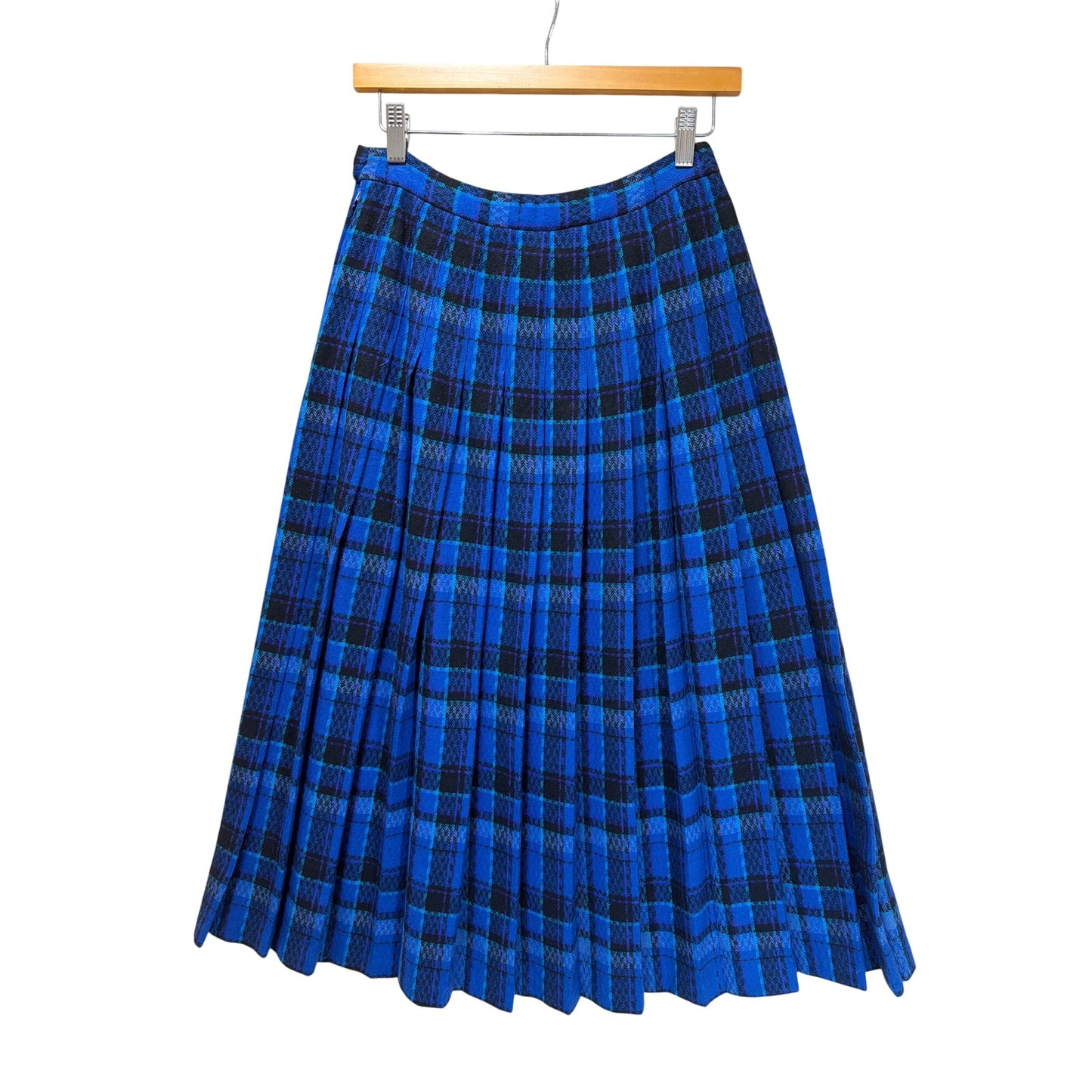 Pendleton Vintage 70s 80s Royal Blue Plaid Pleated Wool Midi Skirt Size 8