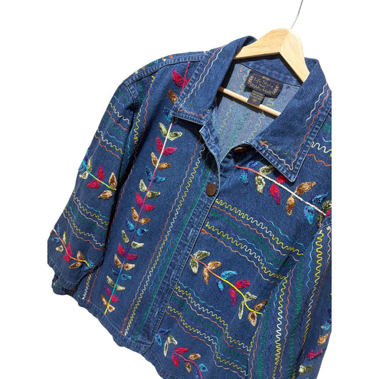 Life Style Plus Vintage 90s Colorful Embroidered Denim Jacket Shacket With Button Front Plus Size 3X