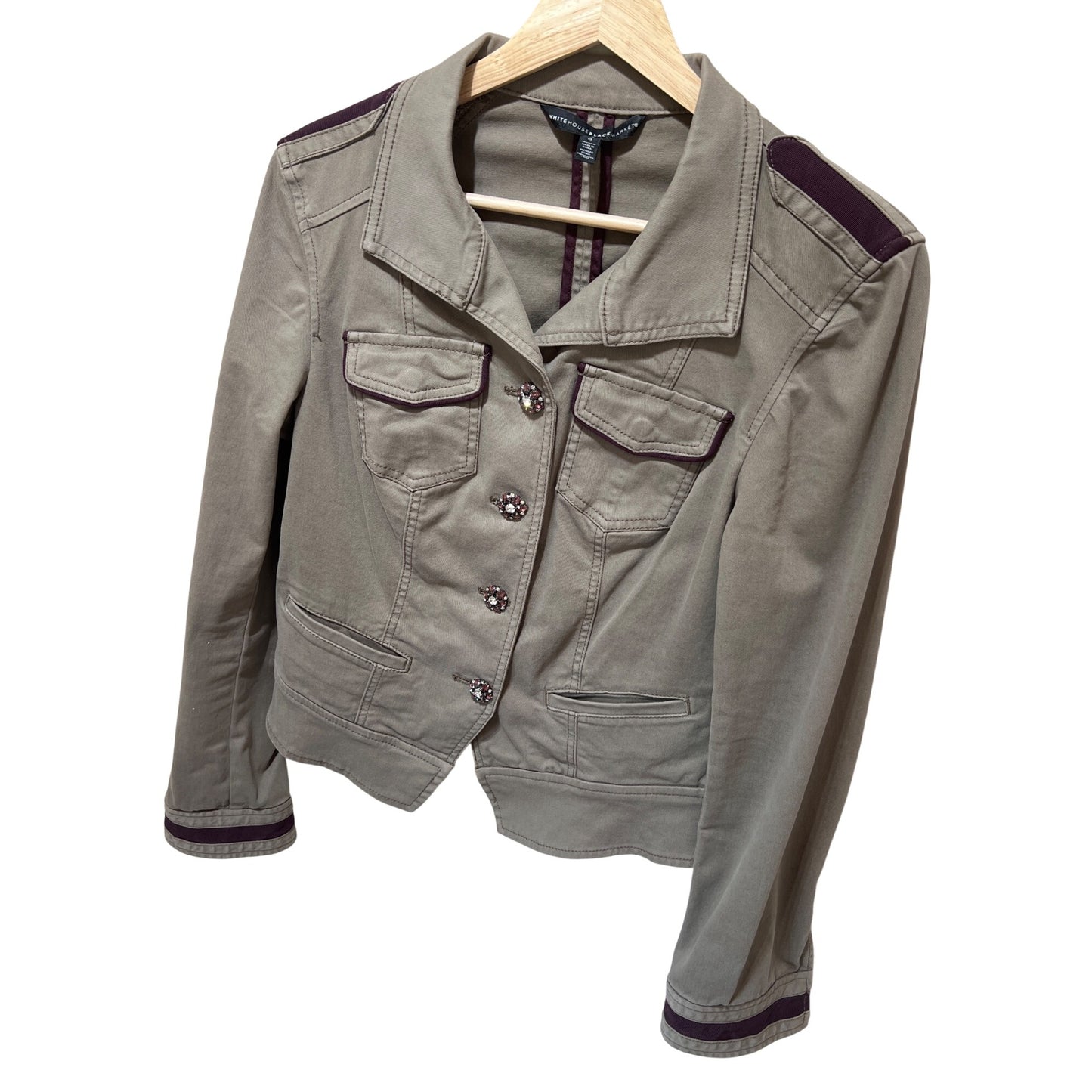 White House Black Market Military-Style Jacket With Jewel Buttons & Velvet Trim Size 6 Taupe & Plum