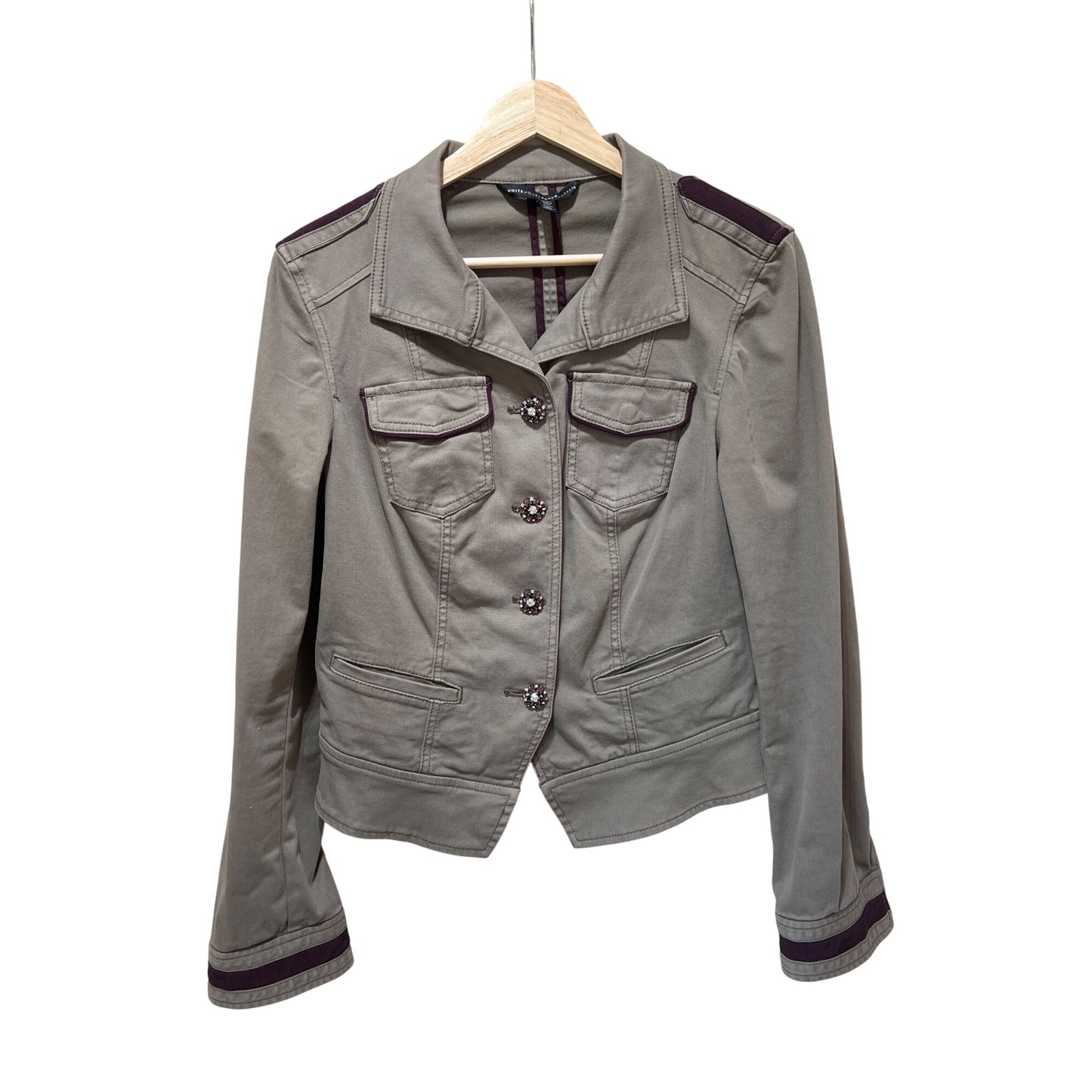 White House Black Market Military-Style Jacket With Jewel Buttons & Velvet Trim Size 6 Taupe & Plum
