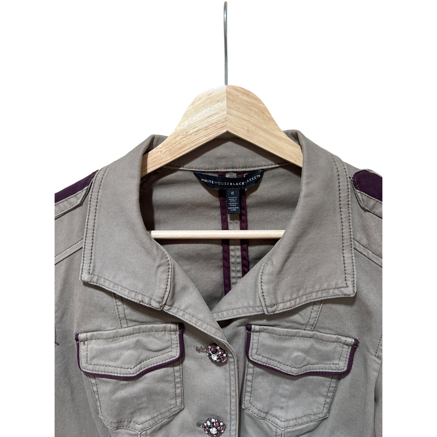 White House Black Market Military-Style Jacket With Jewel Buttons & Velvet Trim Size 6 Taupe & Plum