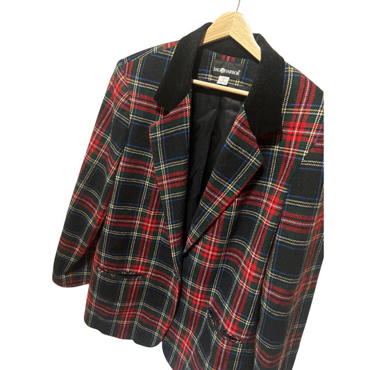 Sag Harbor Womens Plaid Blazer Jacket Size 16 Red Black Wool Blend Vintage 90s