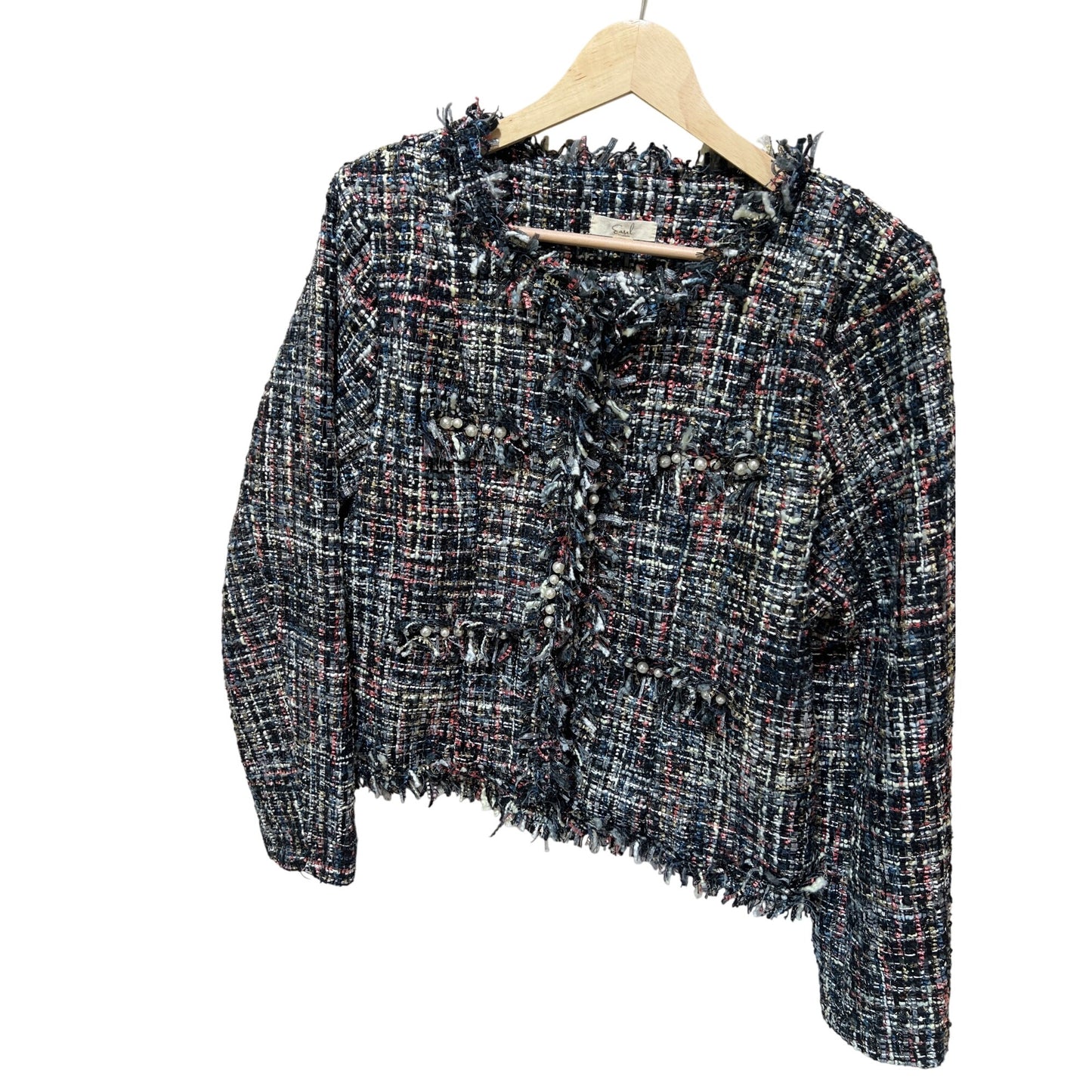 Tweed Raw Edge Multicolor Jacket With Subtle Sparkle & Pearl Accents - Easel Los Angeles Size S