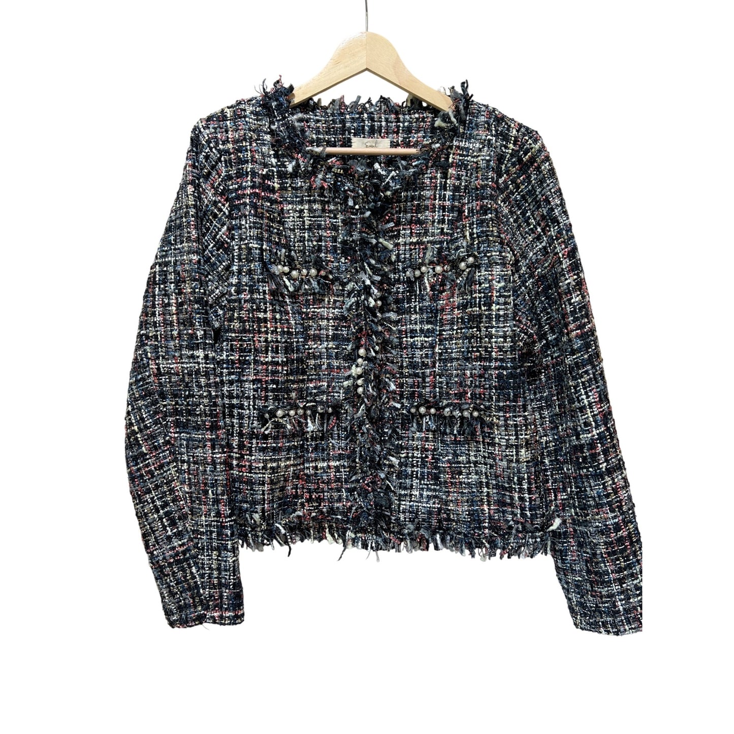 Tweed Raw Edge Multicolor Jacket With Subtle Sparkle & Pearl Accents - Easel Los Angeles Size S