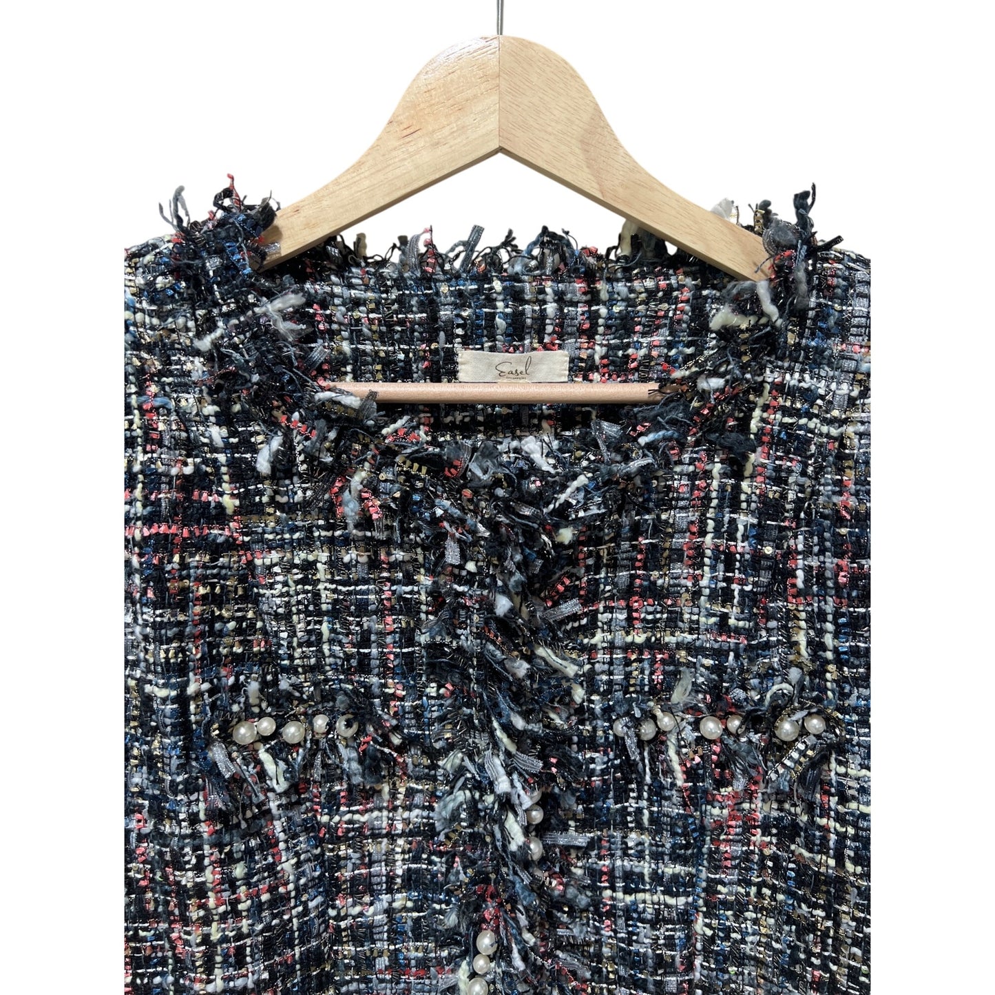 Tweed Raw Edge Multicolor Jacket With Subtle Sparkle & Pearl Accents - Easel Los Angeles Size S