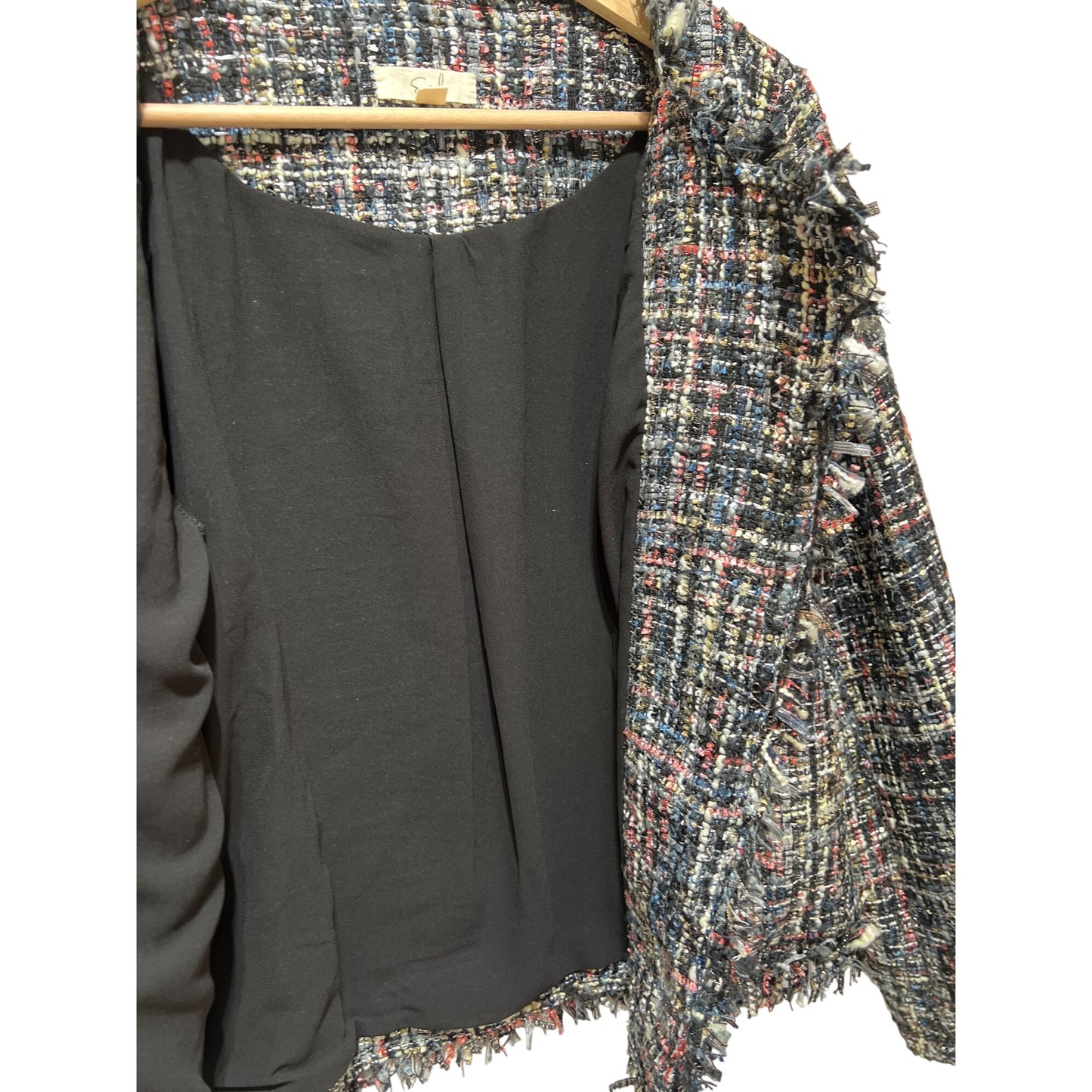 Tweed Raw Edge Multicolor Jacket With Subtle Sparkle & Pearl Accents - Easel Los Angeles Size S