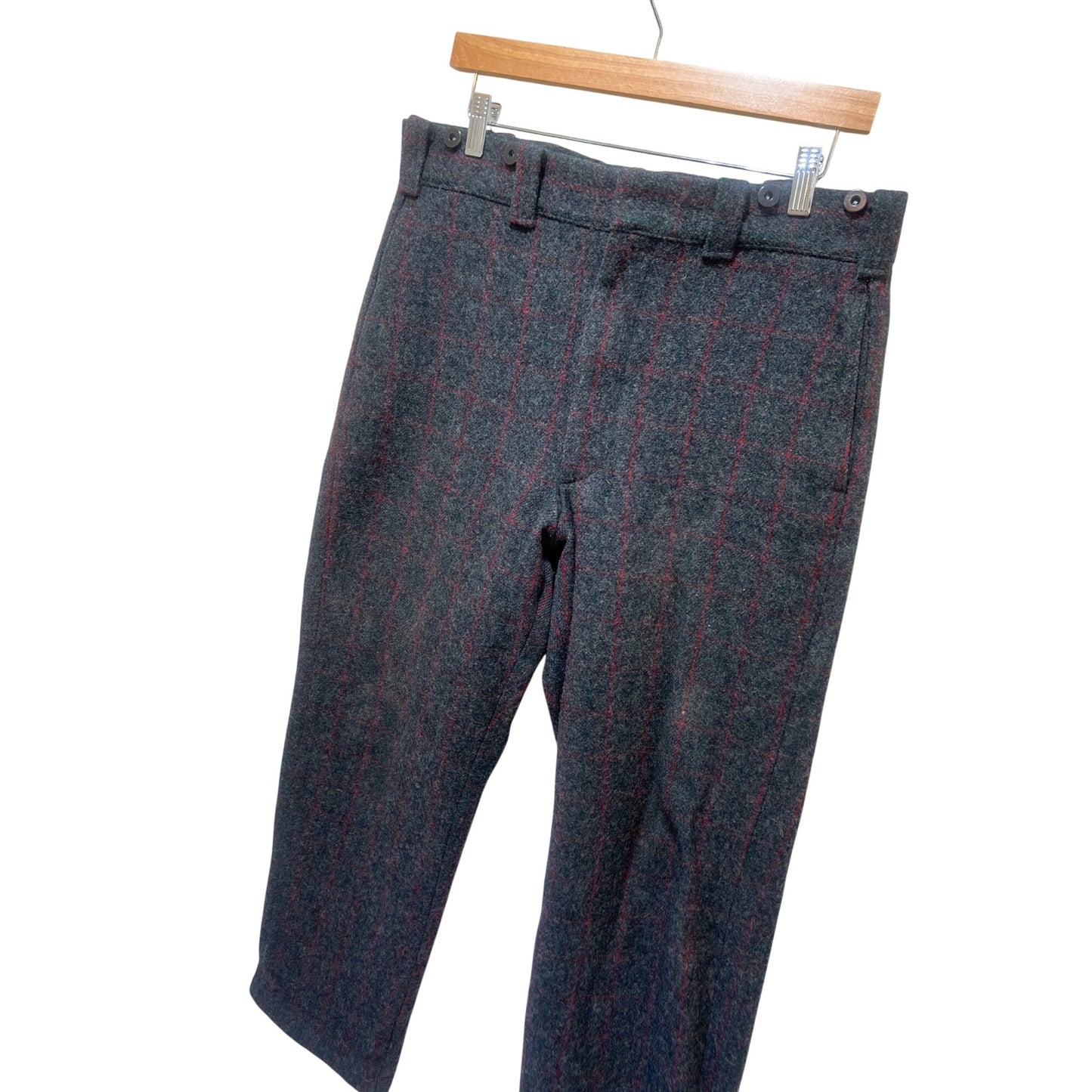 Woolrich Vintage 90's Gray Wool Blend Plaid Field Pants With Red & Green Check Pattern Suspender Buttons And Rear Flap Pockets