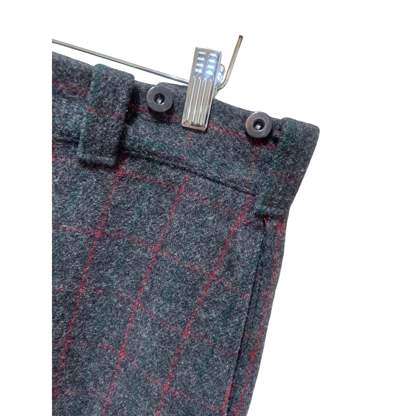 Woolrich Vintage 90's Gray Wool Blend Plaid Field Pants With Red & Green Check Pattern Suspender Buttons And Rear Flap Pockets