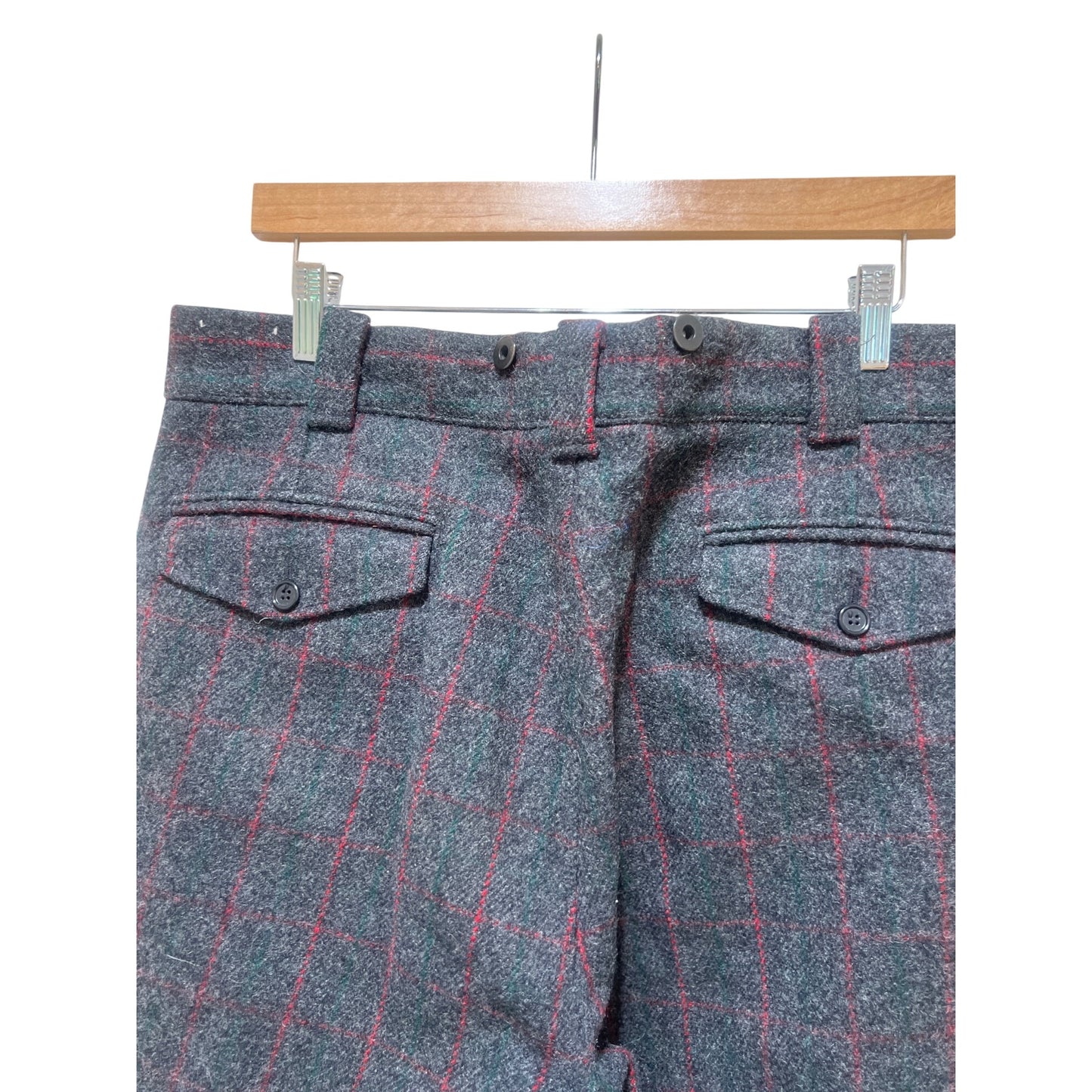 Woolrich Vintage 90's Gray Wool Blend Plaid Field Pants With Red & Green Check Pattern Suspender Buttons And Rear Flap Pockets