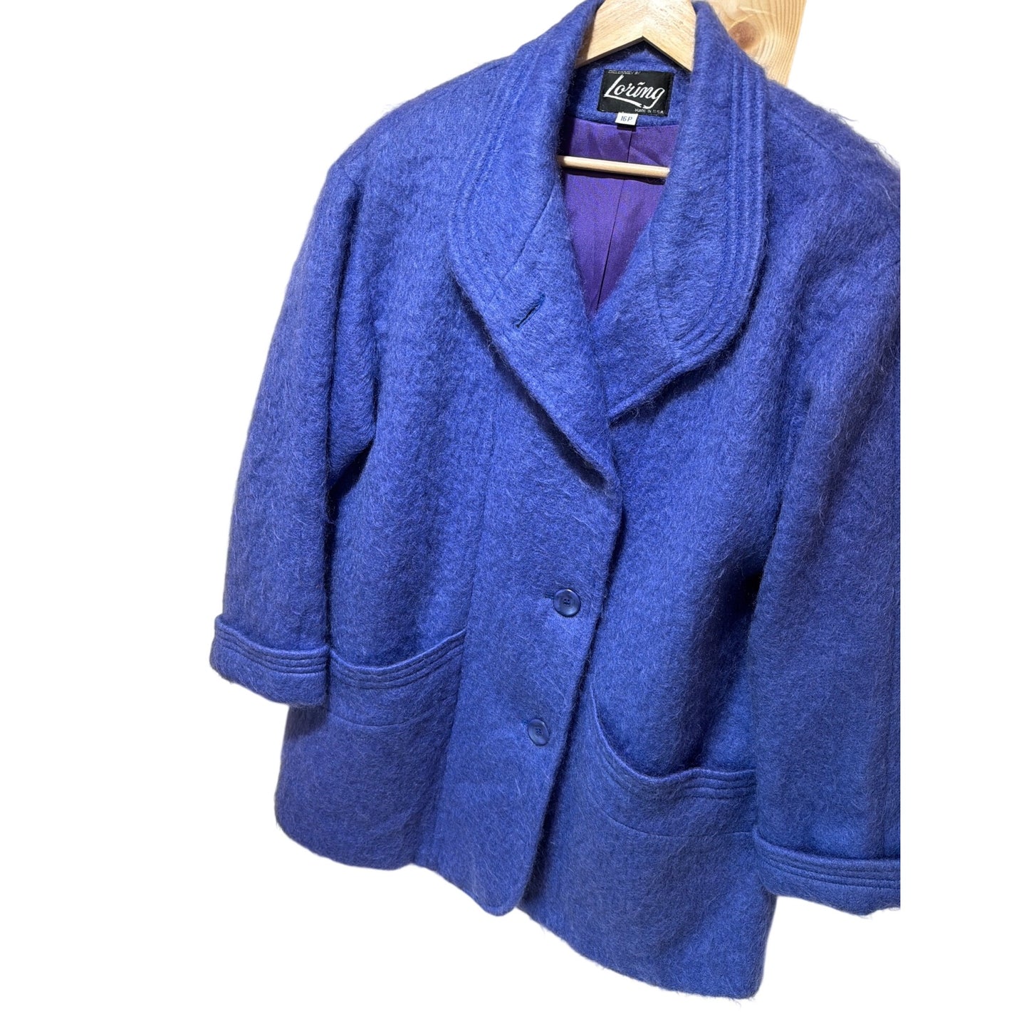 Loring Womens Vintage 90's Mohair Blend Coat Purple 16P Button Front Long Sleeve Made In USA