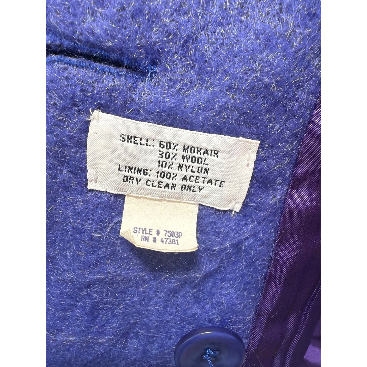 Loring Womens Vintage 90's Mohair Blend Coat Purple 16P Button Front Long Sleeve Made In USA