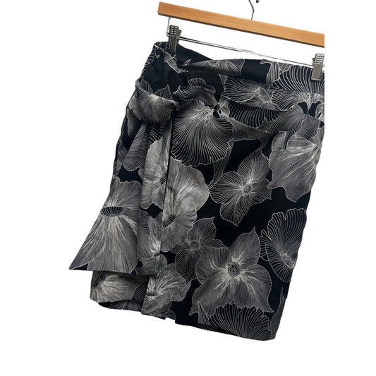 Loft Black & White Floral Faux Wrap Tropical Pencil Skirt with Ruffle