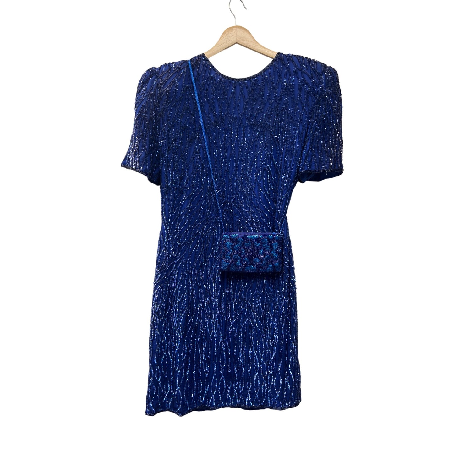 Laurence Kazar Vintage 80's Royal Blue Silk Sequin Cocktail Dress and Purse