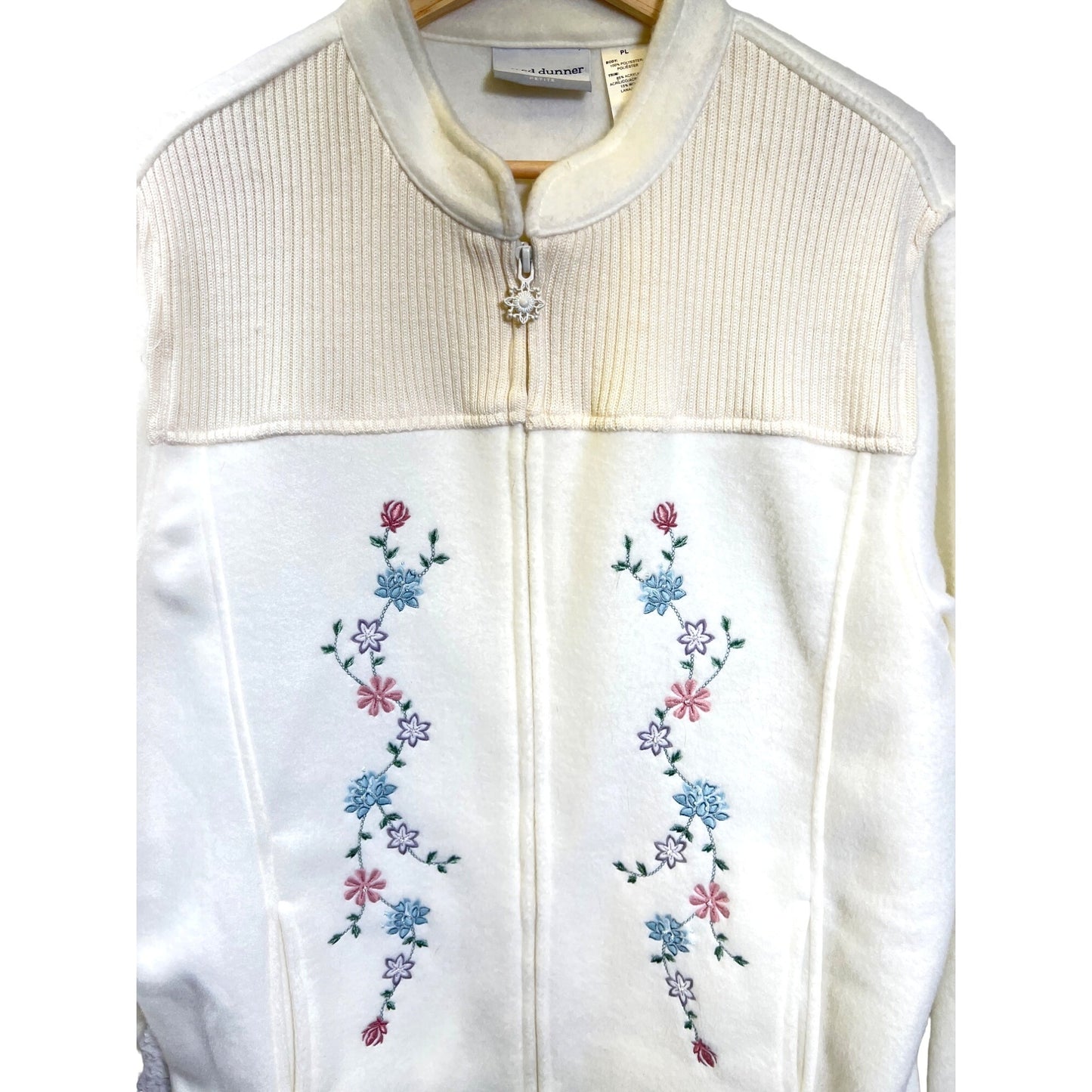 Alfred Dunner Petite Fleece and Cableknit Off White Floral Embroidered Jacket