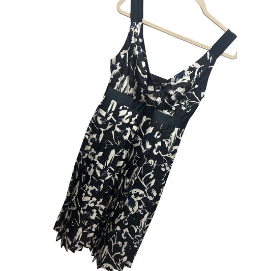 The Limited Y2K Black, Blue and White Floral Pleated Empire Waist Satin Dress