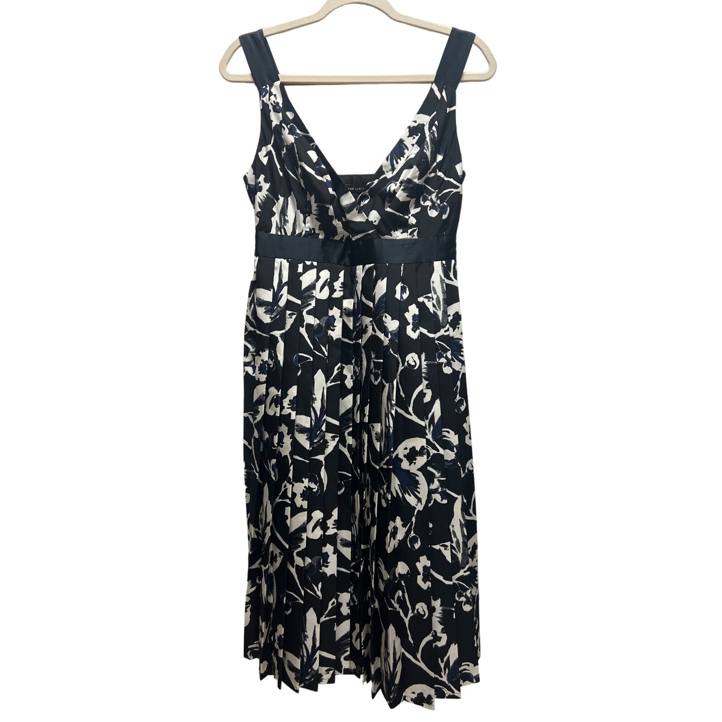 The Limited Y2K Black, Blue and White Floral Pleated Empire Waist Satin Dress