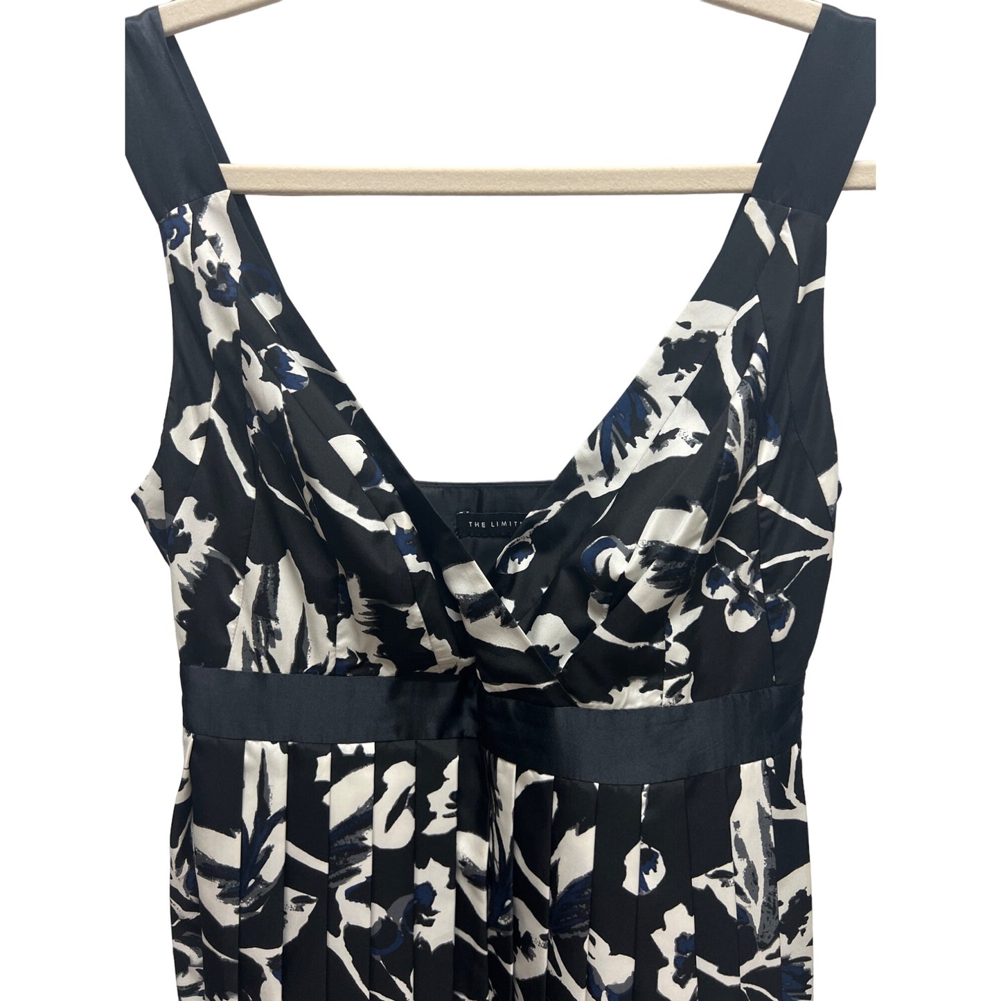 The Limited Y2K Black, Blue and White Floral Pleated Empire Waist Satin Dress