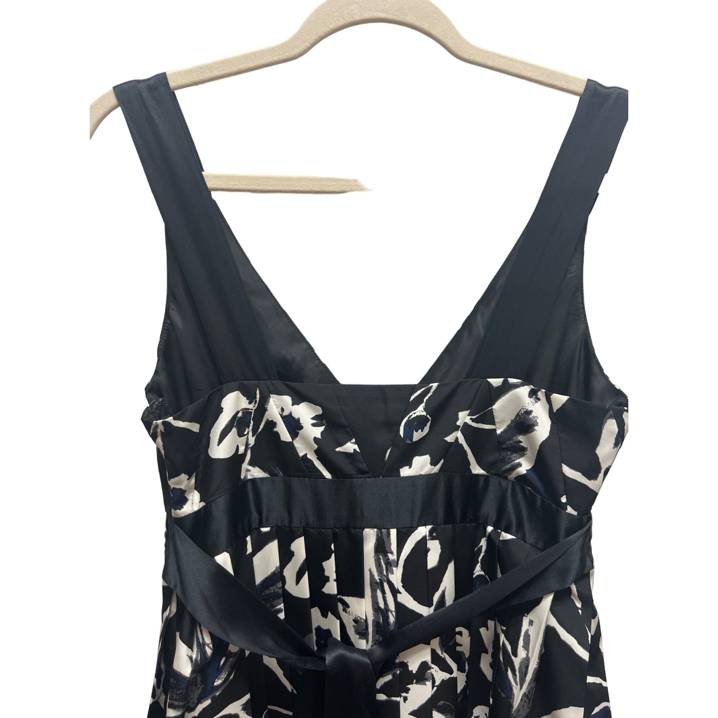 The Limited Y2K Black, Blue and White Floral Pleated Empire Waist Satin Dress