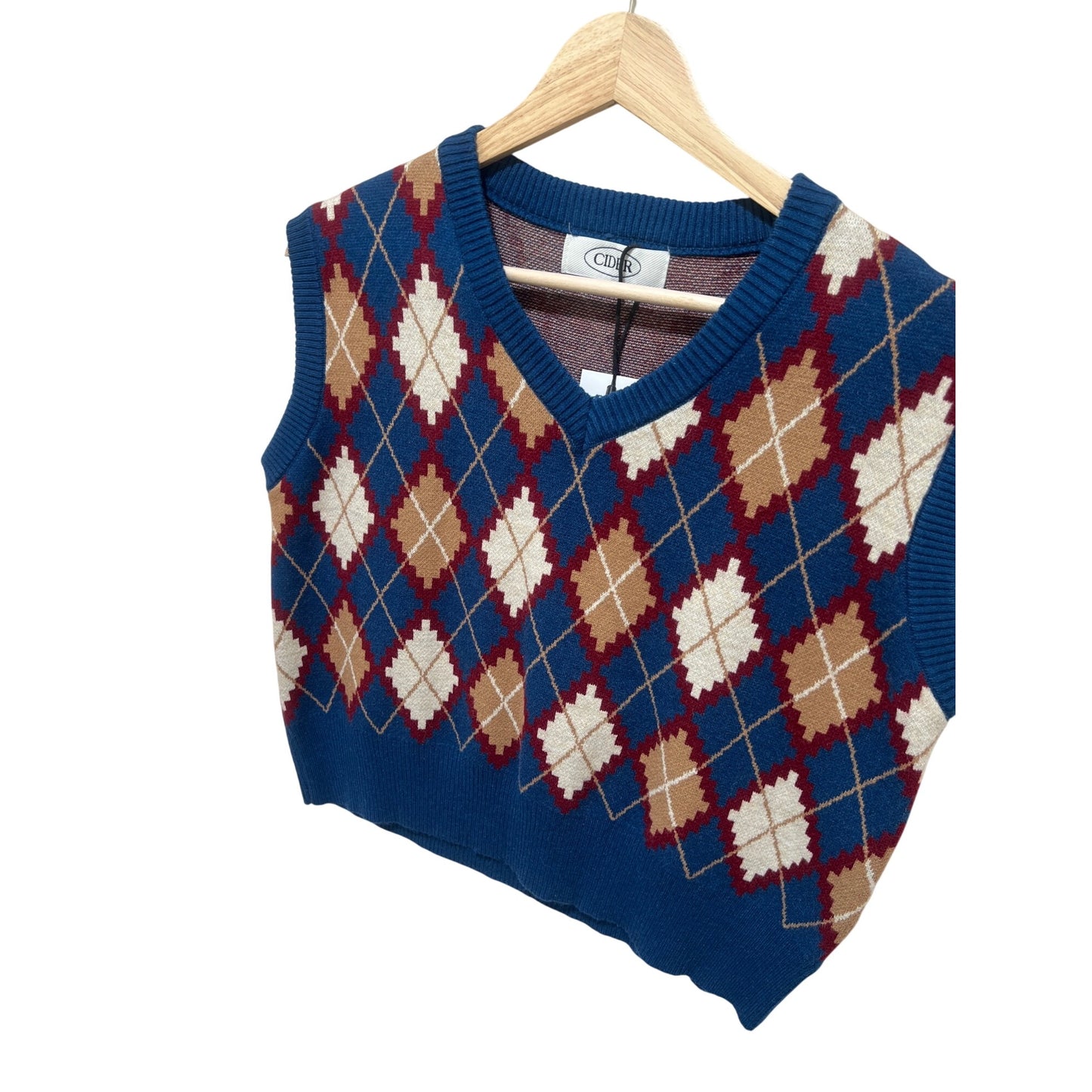 Retro Argyle Knit Sweater Vest By Cider NWT- Blue Beige & Burgundy Diamond Pattern - V-Neck Sleeveless Pullover