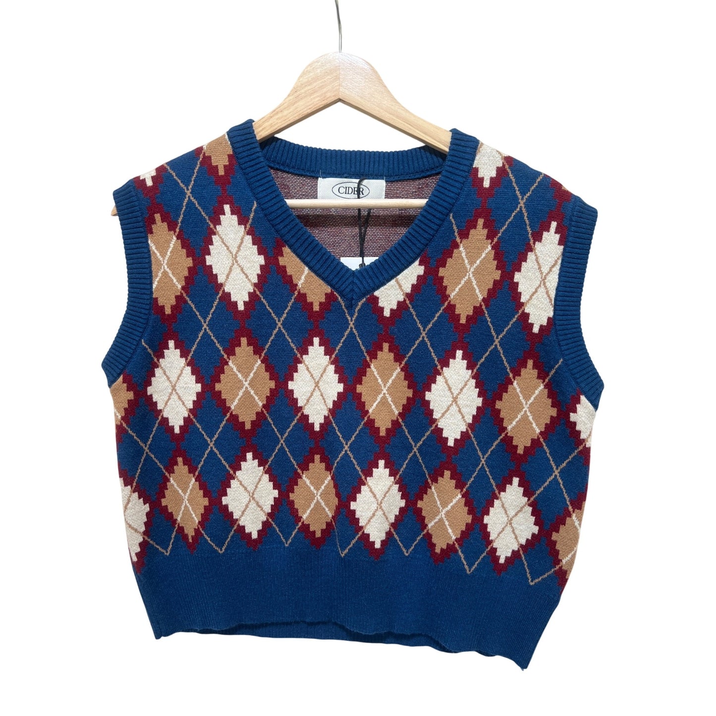Retro Argyle Knit Sweater Vest By Cider NWT- Blue Beige & Burgundy Diamond Pattern - V-Neck Sleeveless Pullover