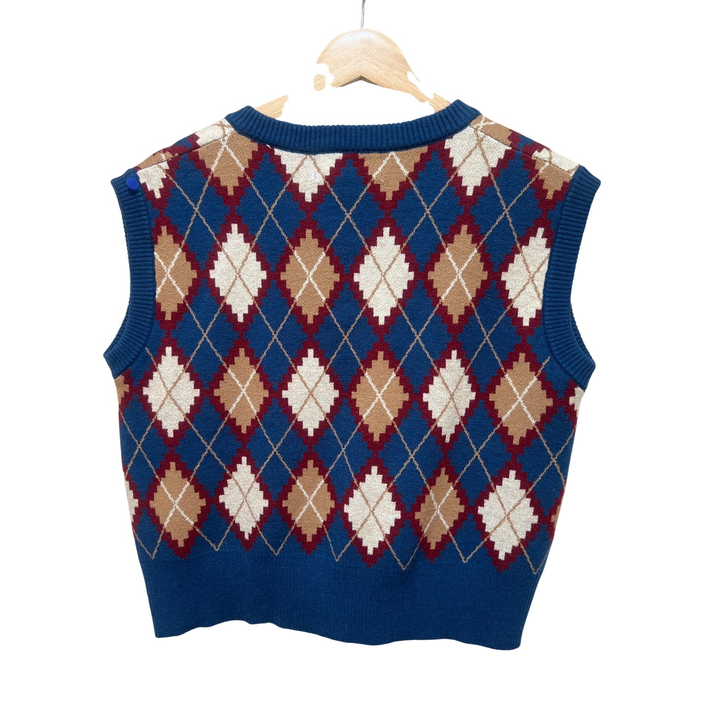 Retro Argyle Knit Sweater Vest By Cider NWT- Blue Beige & Burgundy Diamond Pattern - V-Neck Sleeveless Pullover