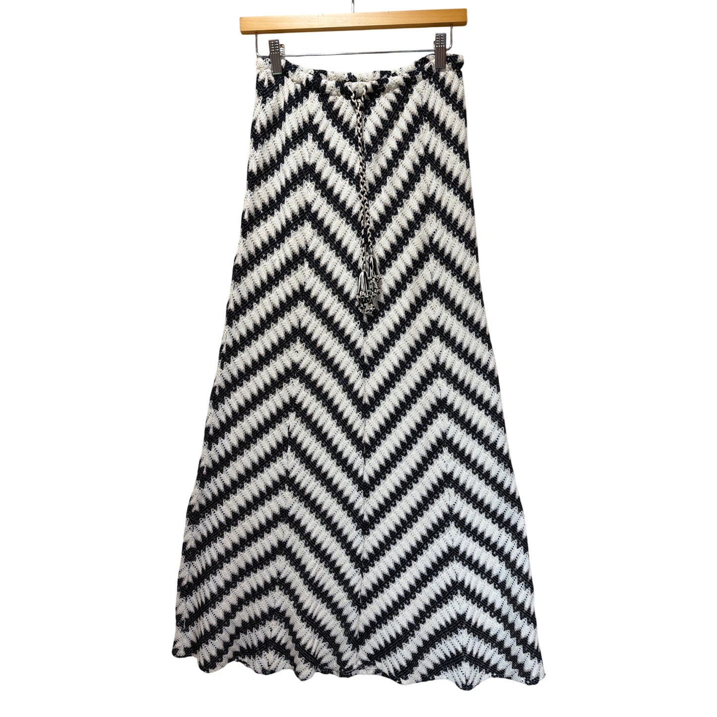 Calypso St. Barth Black & White Chevron Crochet Knit Maxi Skirt With Tassel Tie Waist Size S
