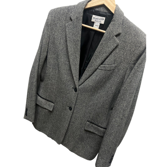 Pendleton Vintage 90's Y2K Gray Chevron Wool Black Faux Leather Trim Professional Blazer